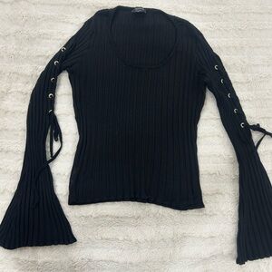 bebe Black Ribbed Women Top with Lace-Up Sleeves